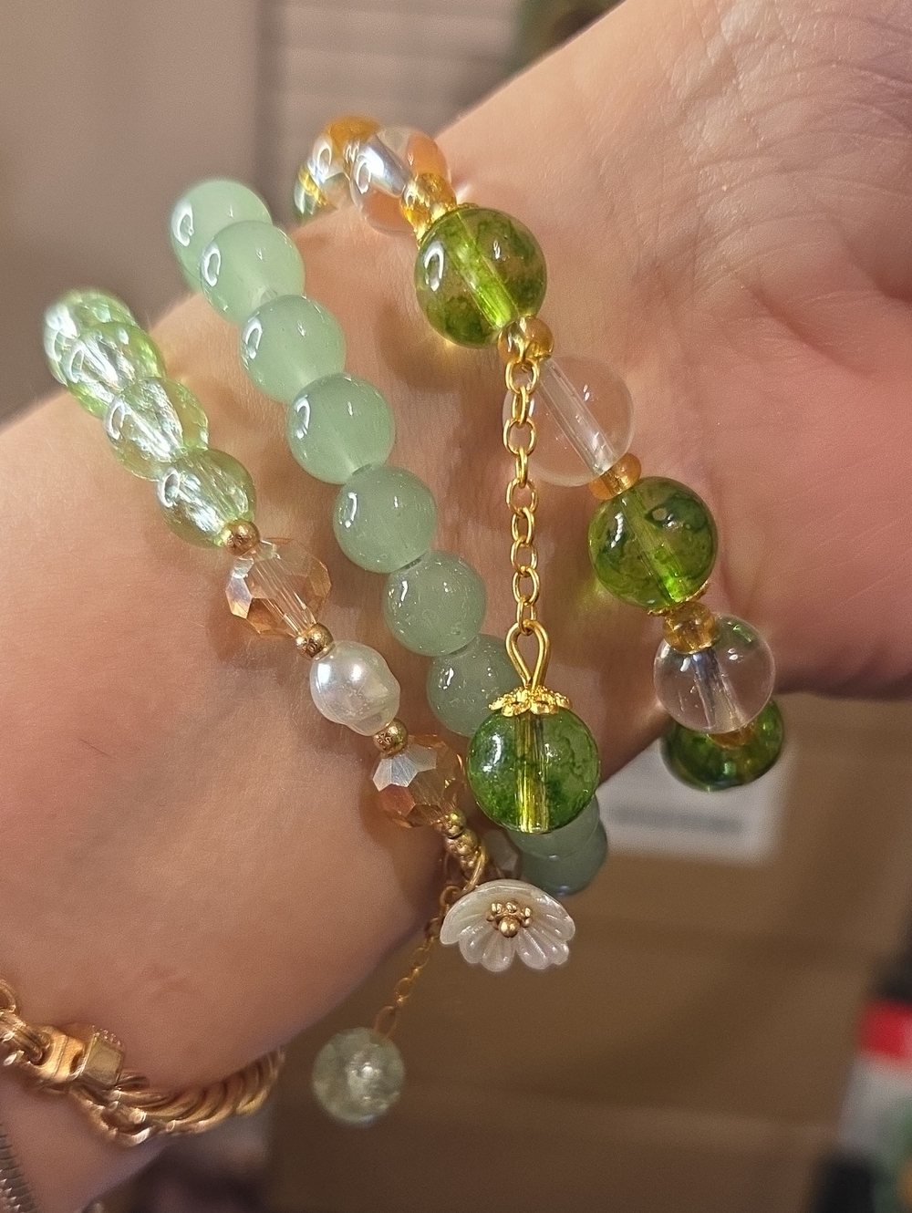 3 Green Glass Bead Stretch Bracelet Set - Unbranded